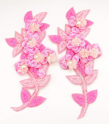 Pink Hand Embroidered Floral Applique, Beaded Floral Motif